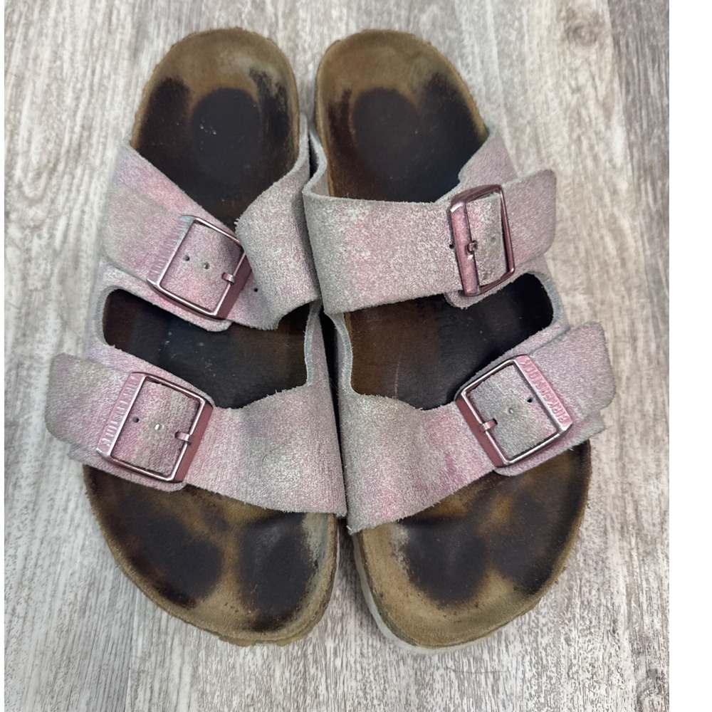 Birkenstock Arizona Metallic Pink Suede Two Strap Slide Sandals Womens 38